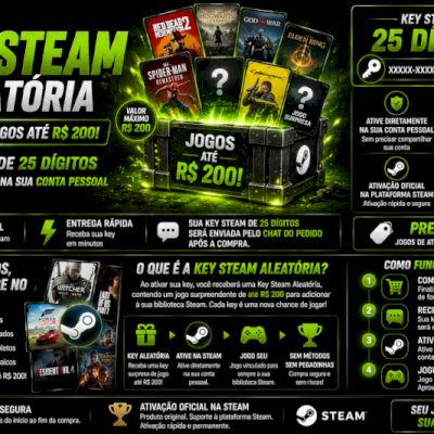 # 🎮 KEY STEAM ALEATÓRIA – JOGOS DE ATÉ R$ 200 – KEY STEAM 25 DÍGITOS 🔑