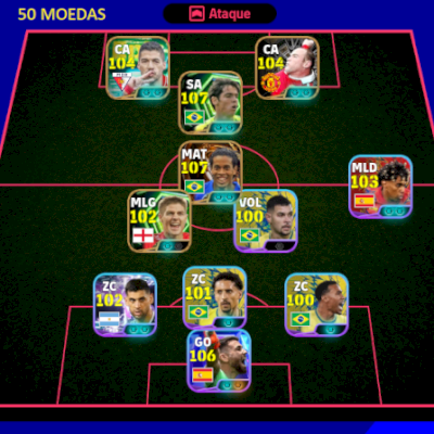 Conta efootball com Ronaldinho 107, Kaká 107 e Unai Simon 107