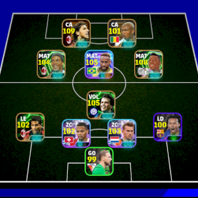 Conta efootball com Ibrahimovic 110, Neymar 106, Pelé 109 e Ronaldinho 104