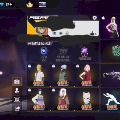 CONTA FF NIVEL 32 COM 5 SKINS DO NARUTO + 2 EMOTES DO NARUTO + BIO DE BATALHA