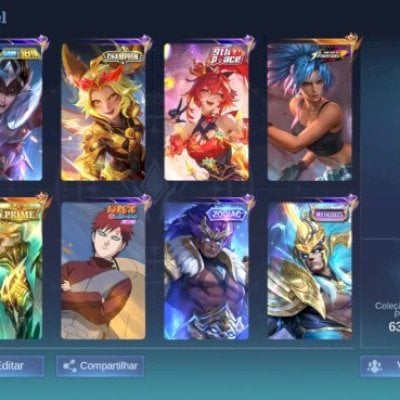 Conta com 110 heróis, especialista nível 2, 252 skins ,glória Mitica 65 estrelas