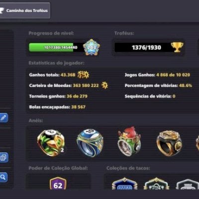 CONTA DE 8 BALL POLL LEVEL 243 COM 19 TACOS LENDÁRIOS E +300 MILHÕES DE FICHAS