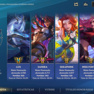 Conta Wild Rift Nível 182, 3 skins croma mítico, 9 lendária, 26 épicas
