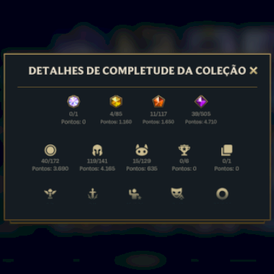 Conta grão mestre 3, 96 skins, 119 campeões, 4 místicas, 11 lendárias