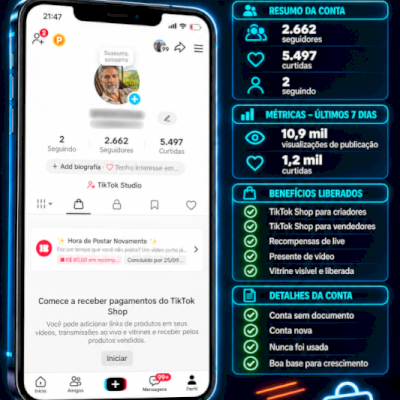 TikTok Shop BR | 2,6K seguidores | Sem restrições | Pronta pra Crescer