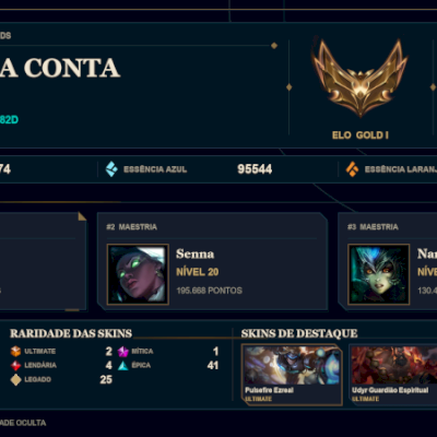 CONTA OURO 1 / 135 SKINS / NIVEL 308 / HONRA 4 / 149 CHAMPS / EMAIL ALTERAVEL