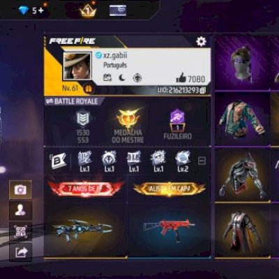 CONTA FREE FIRE LEVEL 61, FULL GEMADA, skins atuais parceria naturo