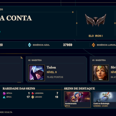 CONTA FERRO 1 / 92 SKINS / NIVEL 168 / HONRA 3 / 123 CHAMPS / EMAIL ALTERAVEL