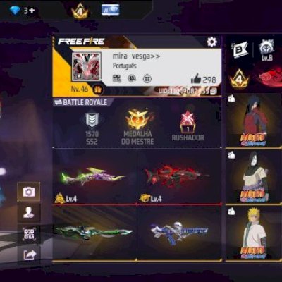 CONTA DE FF GEMADA PRIME 4/2 EVOLUTIVAS/6 PASSES/PARCERIA NARUTO/CAMISAS DE TIME