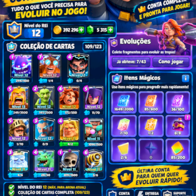 5.900 Troféus | 400k Ouro | 5.300 Gemas | 109/123 Cartas
