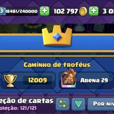torre do rei nivel 15, 12011 troféus, todas as cartas, 70 emotes, 3500 gemas