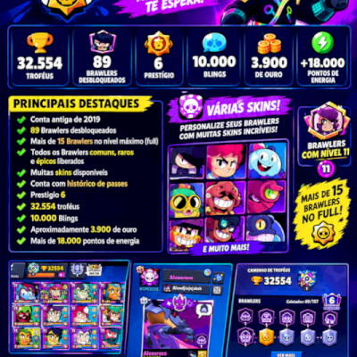 Conta Brawl Stars - Antiga 2018 - Passes e Skins