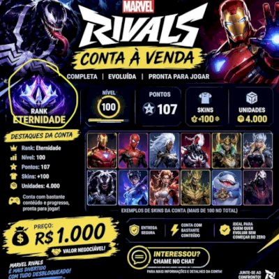 🔥 MARVEL RIVALS | LVL 100 ETERNIDADE | 107 PTS | +100 SKINS | 4K UNIDADES 🔥