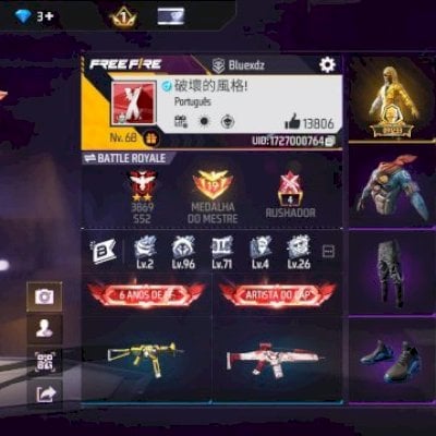 CONTA DE FF TOP COM TOP CRIMINAL DOURADO/UMP E XM8 ATT/CALÇA JAZZ/300+ PEITAS