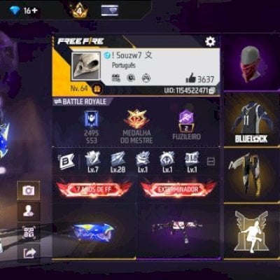 CONTA DE FF TOP COM 2 ANGELICAL/PUNHO/BANDEIRÃO/BLUE LOCK/PRIME 4/+ DE 7 ANOS/E+