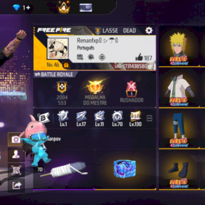 Conta nível 46 com 5 skins de naruto e 2 do blue lock e tem troca Nick e outros.